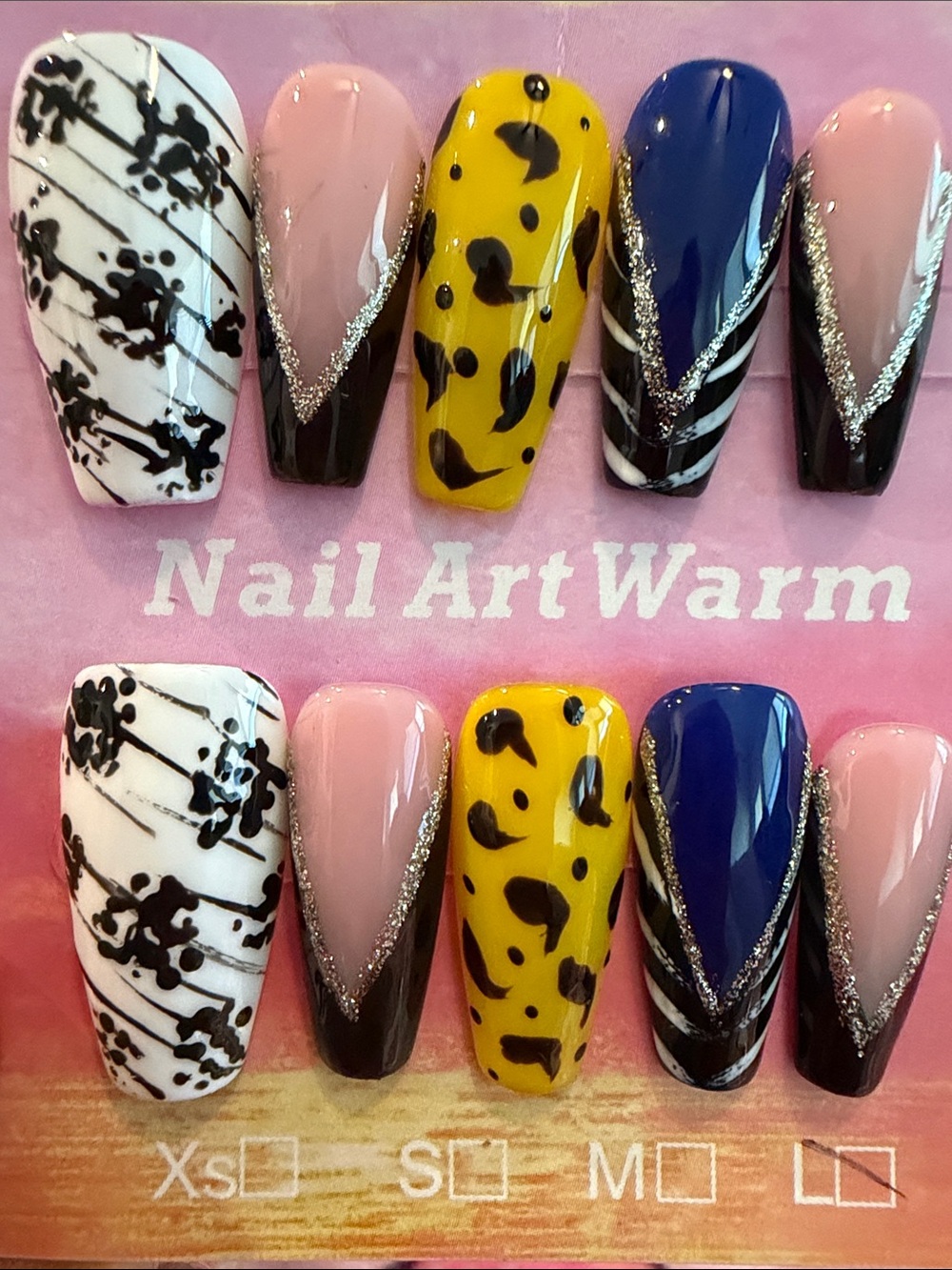 Assorted handmade acrylic Press-On Nail Set in Pink, Yellow, Blue, White, Black
